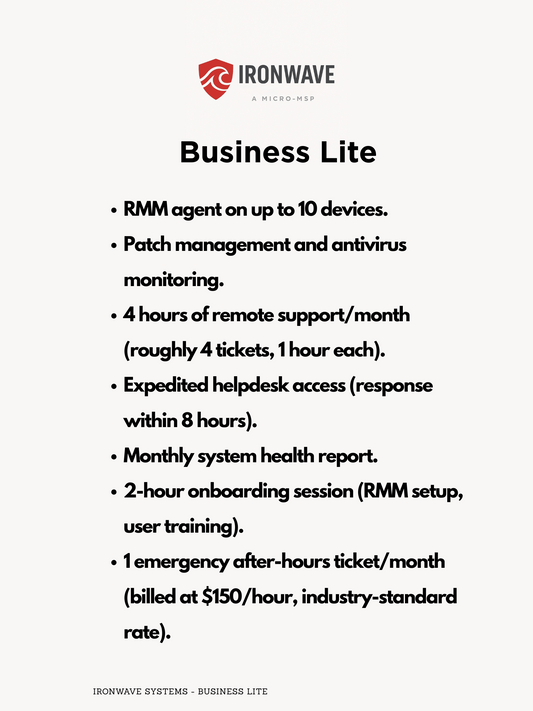IRONWAVE Business Lite service details on a white background
