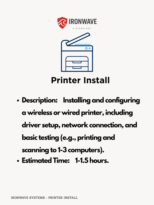 Ironwave printer install guide with a printer icon on a white background