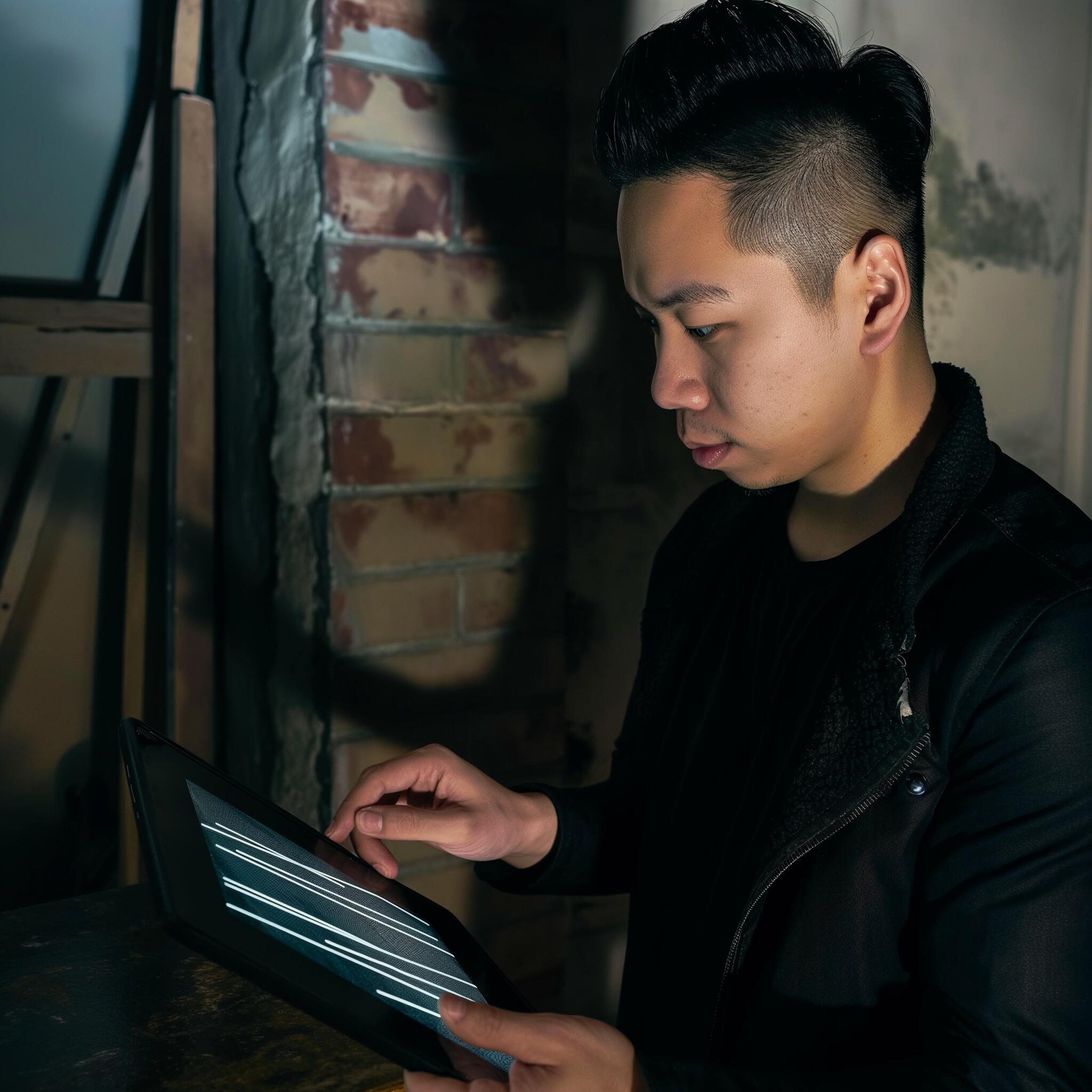 Man in black jacket and black shirt holding a tablet and viewing digital art while standing in front of an interior brick wall