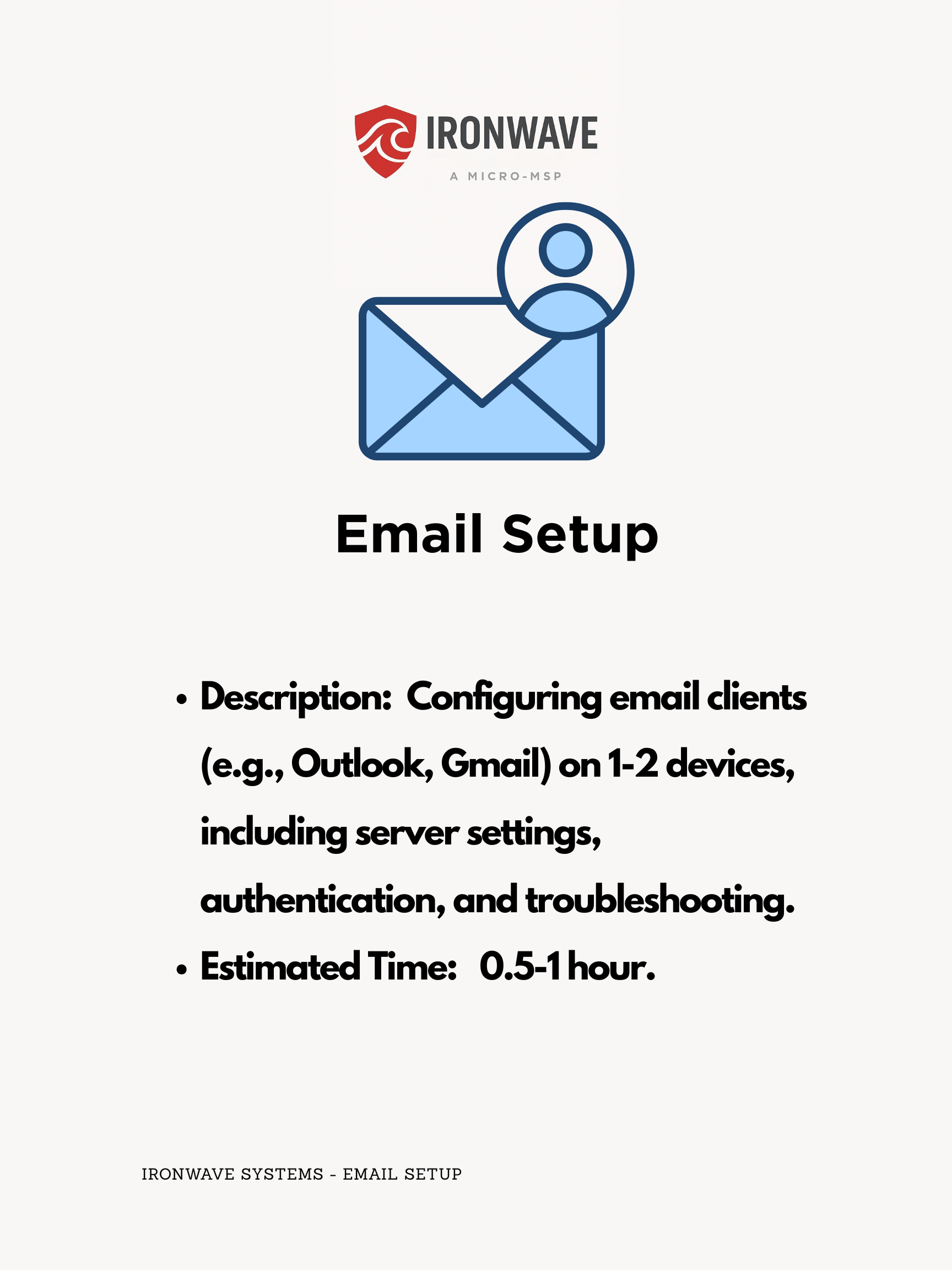 Ironwave email setup guide with icon of envelope and person, on a white background
