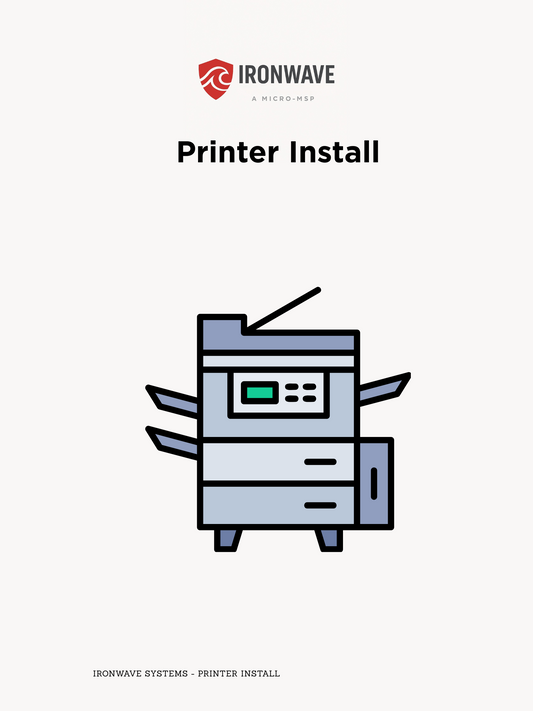 Cover of a document titled 'Printer Install' by Ironwave with a printer illustration on a white background.
