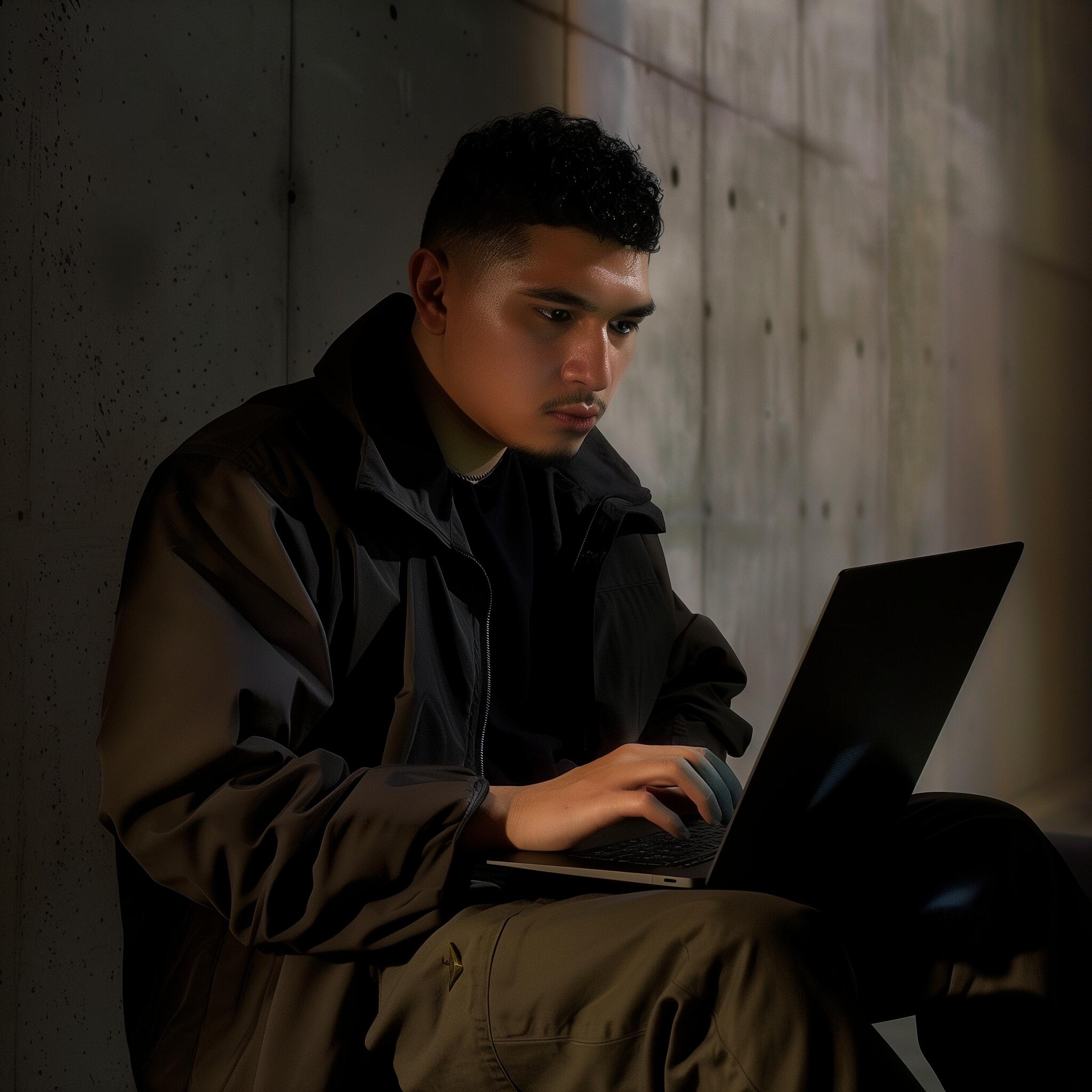 Man sitting in a warehouse against a concrete wall holding a laptop on his knees and typing
