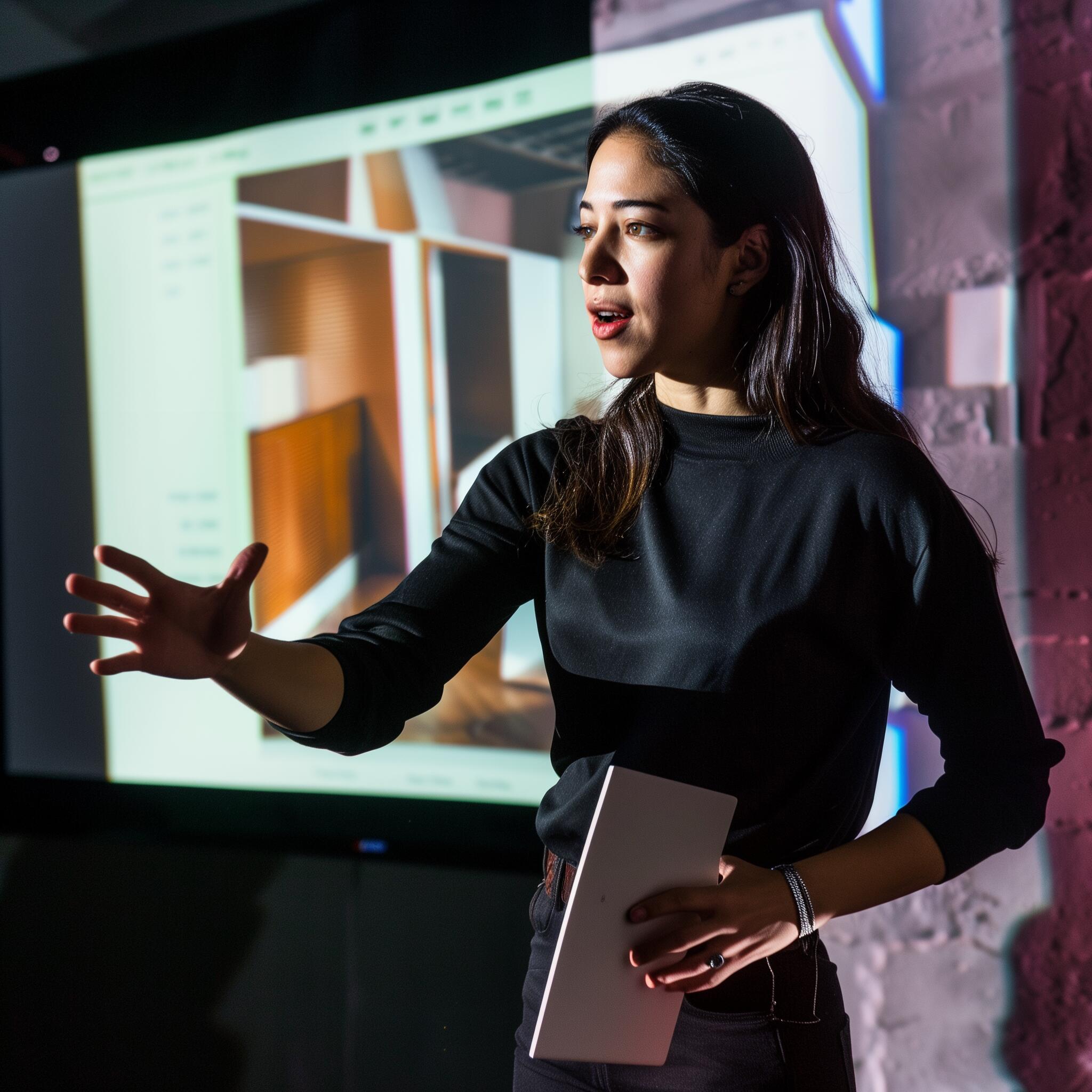 Woman in long-sleeve black shirt holding a tablet and gesturing while giving a short speech